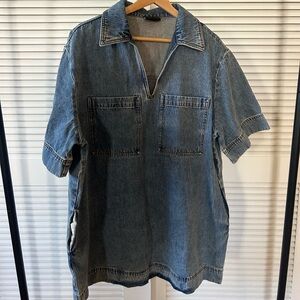 Relaxed Denim Button-Down Shirt Dress - Blue